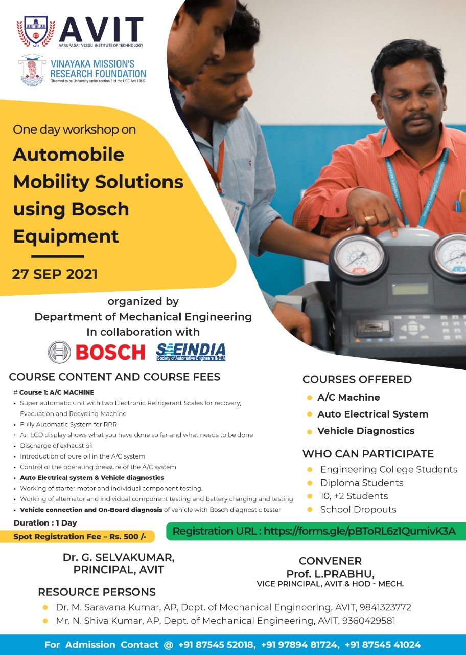 One Day Workshop on Automobile Mobility Solutions using Bosch Equipments 2021